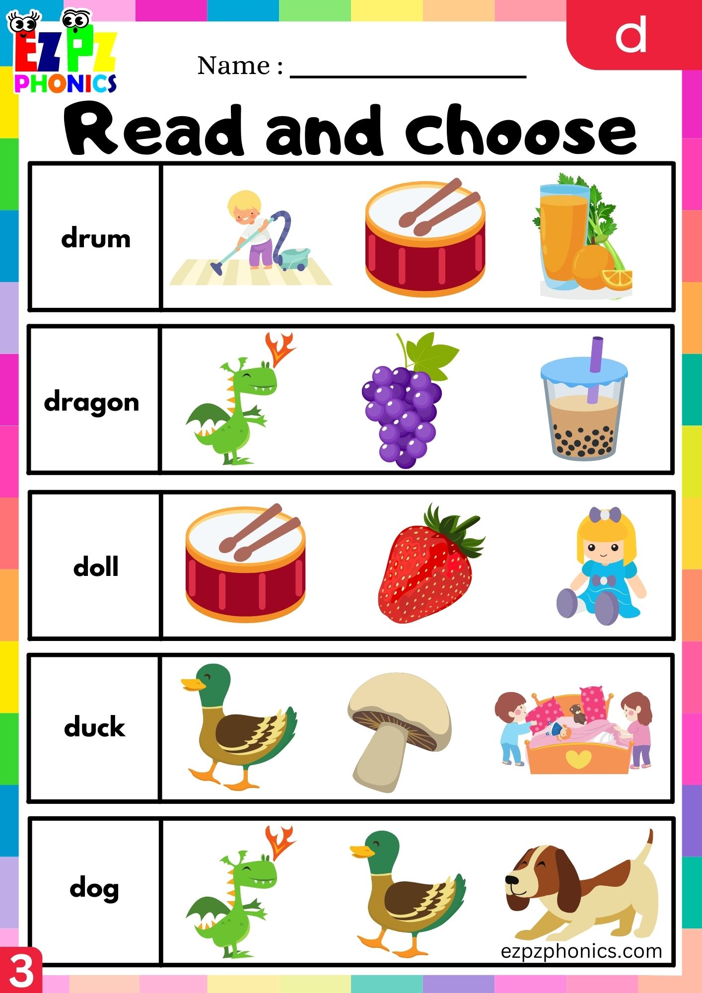 Letter d Read and Choose the Image Phonics Activity for Kids Group 3